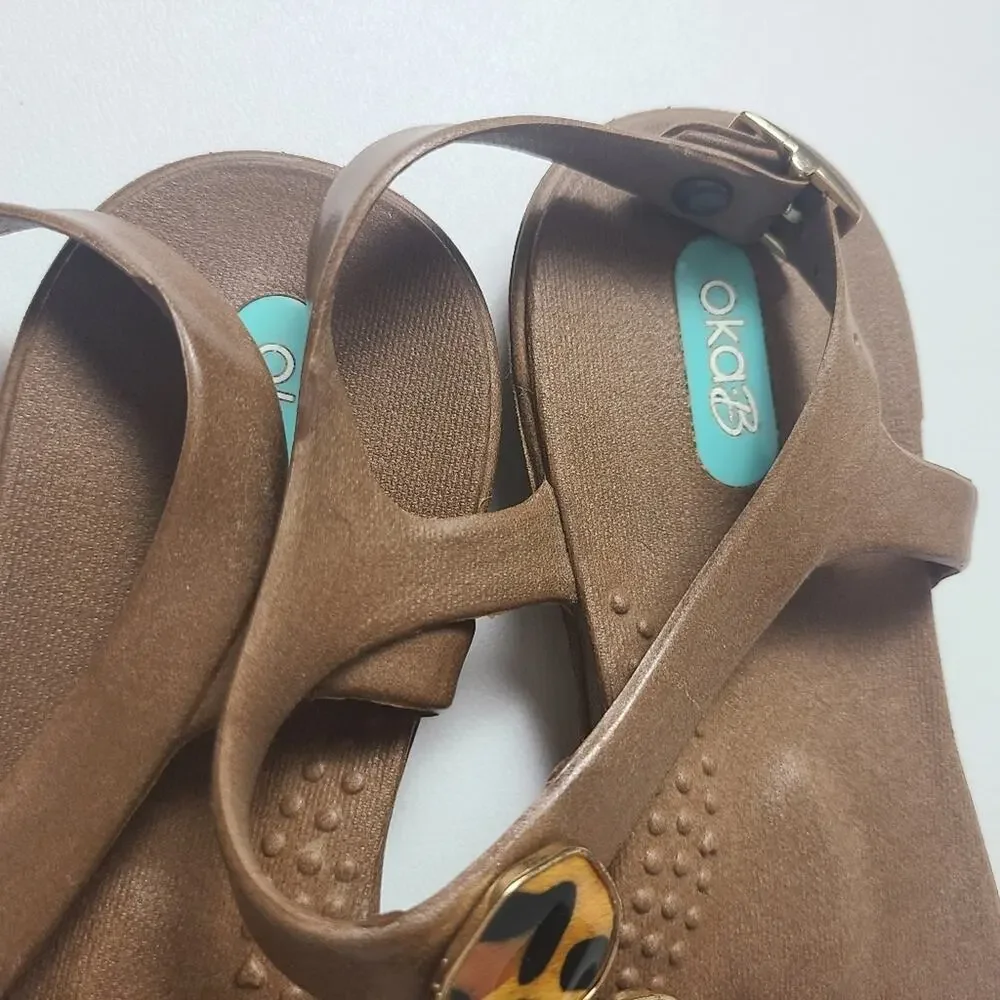 OkaB Leopold Button Sandals Brown Animal Print Ankle Strap Flats Arch Support 6